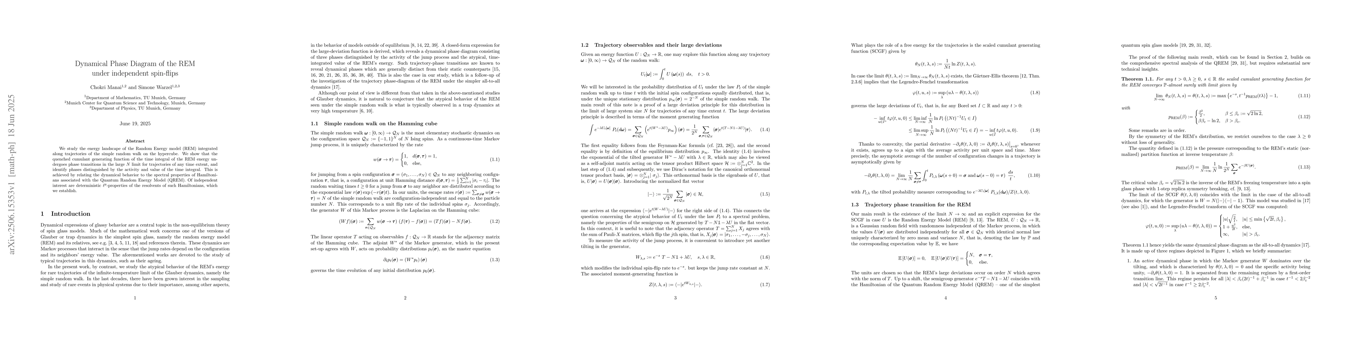 Thumbnail for Dynamical Phase Diagram of the REM under independent spin-flips