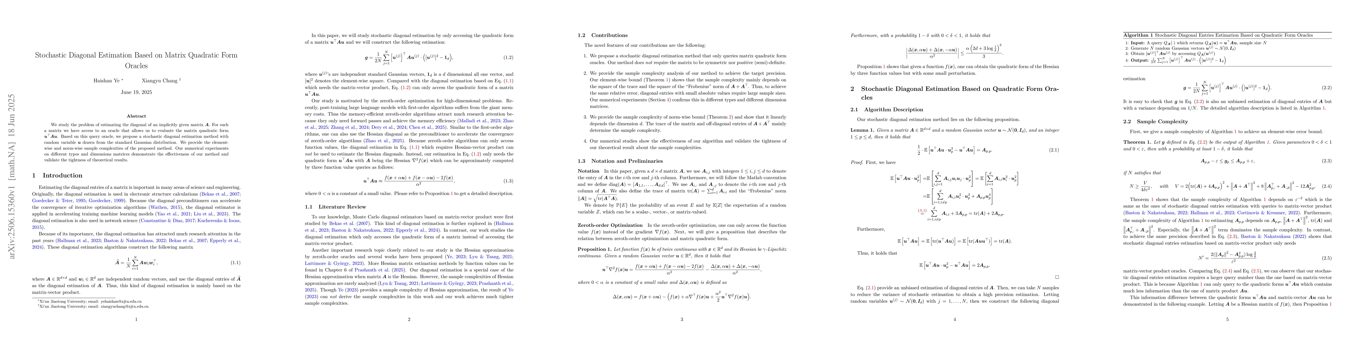 Thumbnail for Stochastic Diagonal Estimation Based on Matrix Quadratic Form Oracles