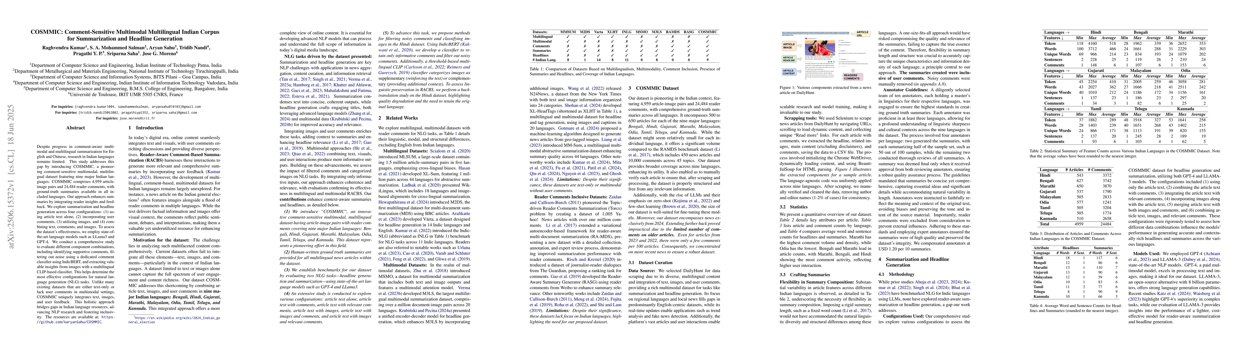 Thumbnail for COSMMIC: Comment-Sensitive Multimodal Multilingual Indian Corpus for
  Summarization and Headline Generation