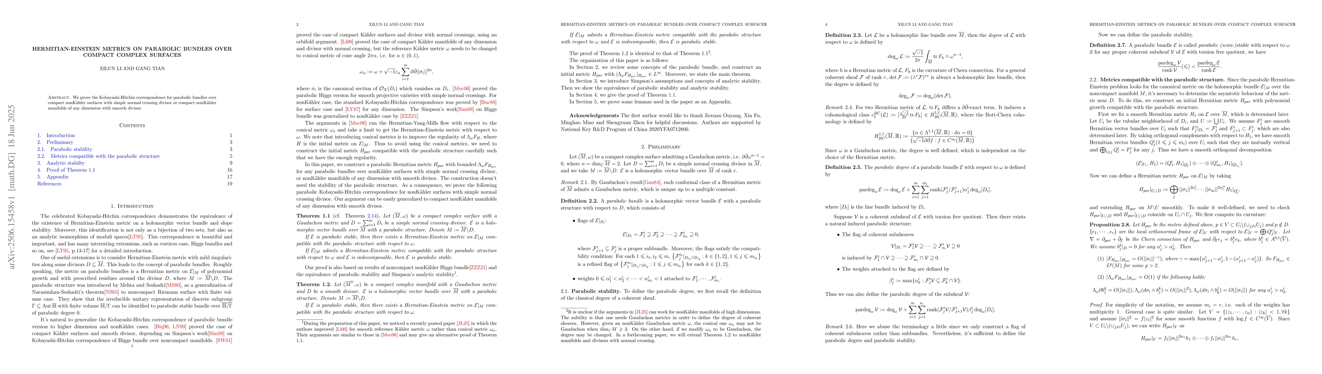 Thumbnail for Hermitian-Einstein Metrics on Parabolic Bundles over compact complex
  surfaces