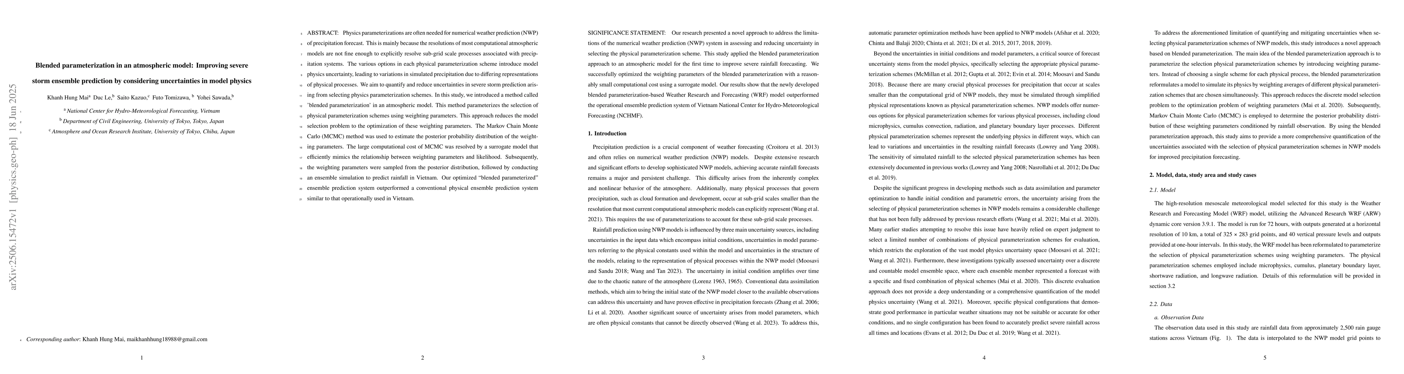 Thumbnail for Blended parameterization in an atmospheric model: Improving severestorm
  ensemble prediction by considering uncertainties in model physics