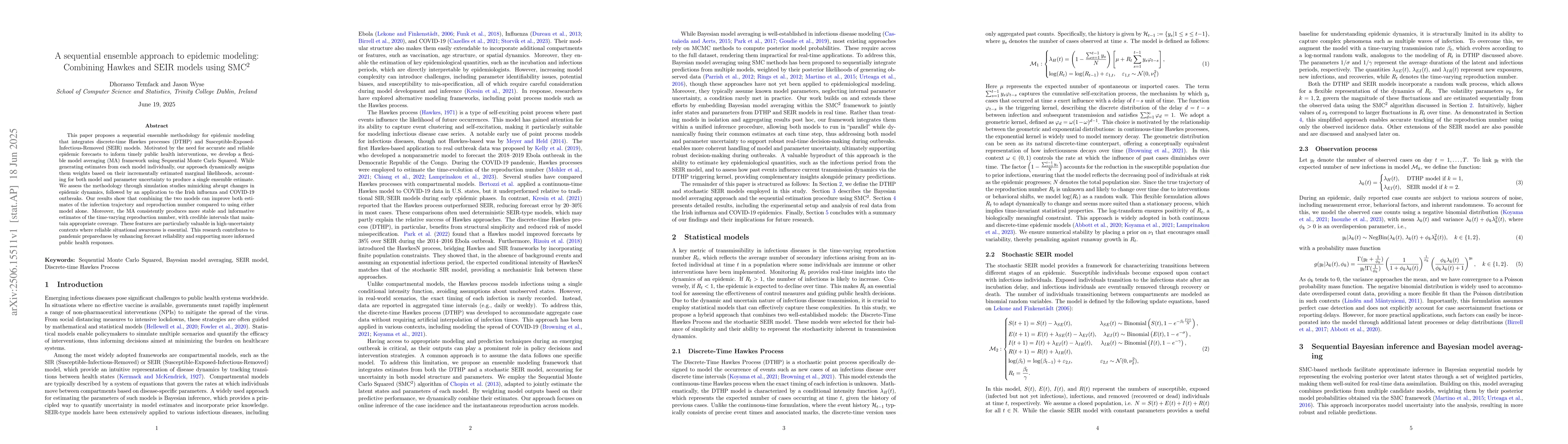 Thumbnail for A sequential ensemble approach to epidemic modeling: Combining Hawkes
  and SEIR models using SMC$^2$