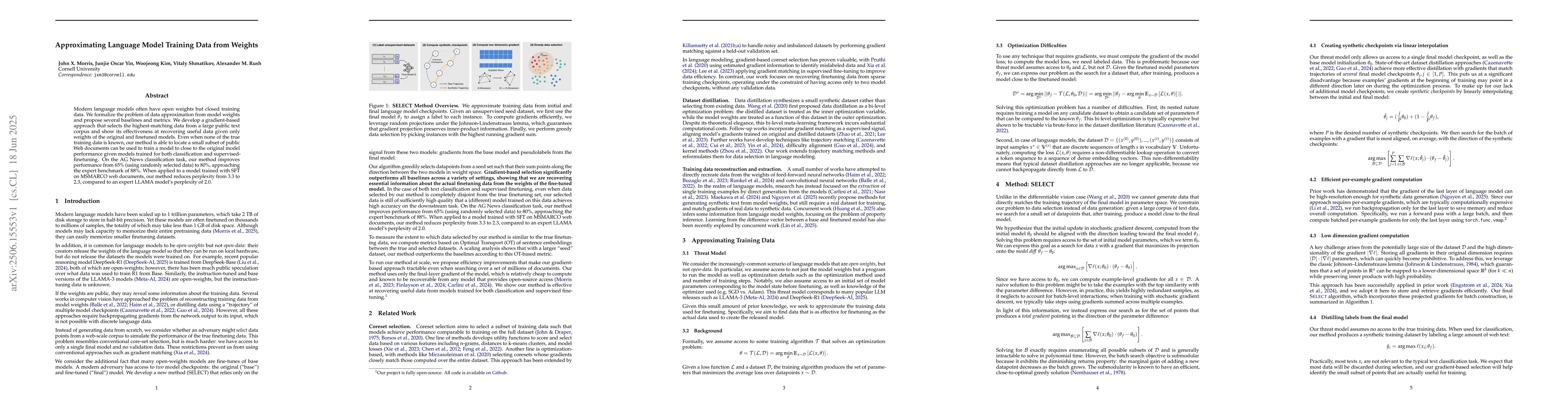 Thumbnail for Approximating Language Model Training Data from Weights