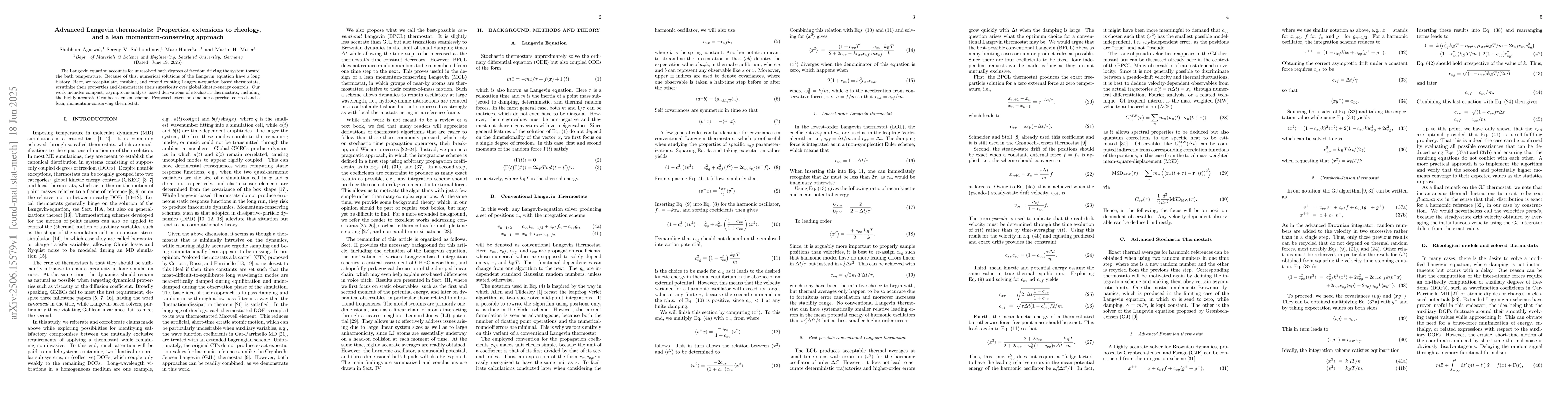 Thumbnail for Advanced Langevin thermostats: Properties, extensions to rheology, and a
  lean momentum-conserving approach