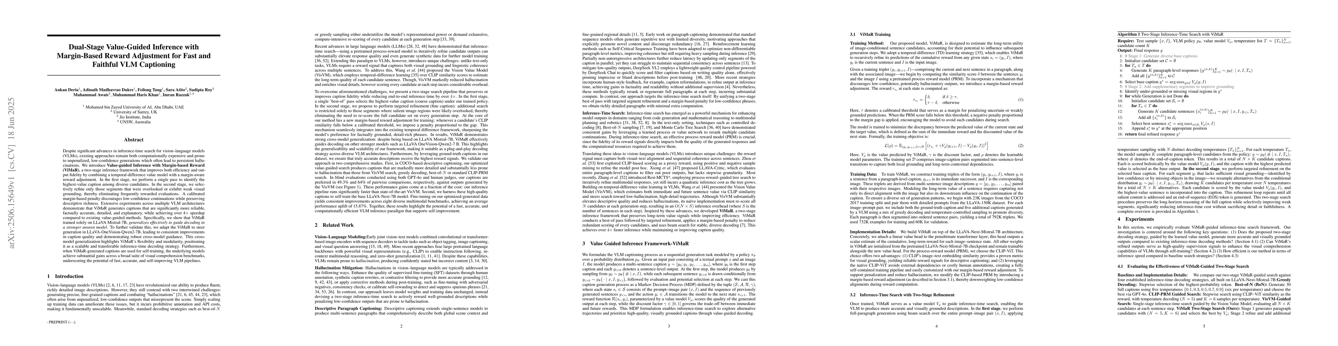 Thumbnail for Dual-Stage Value-Guided Inference with Margin-Based Reward Adjustment
  for Fast and Faithful VLM Captioning
