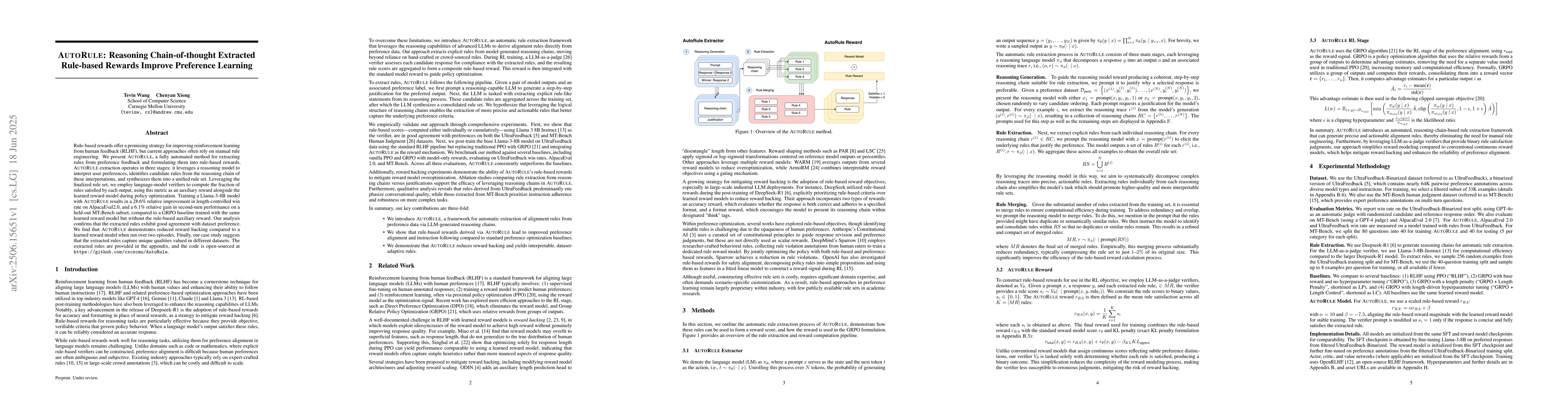 Thumbnail for AutoRule: Reasoning Chain-of-thought Extracted Rule-based Rewards
  Improve Preference Learning