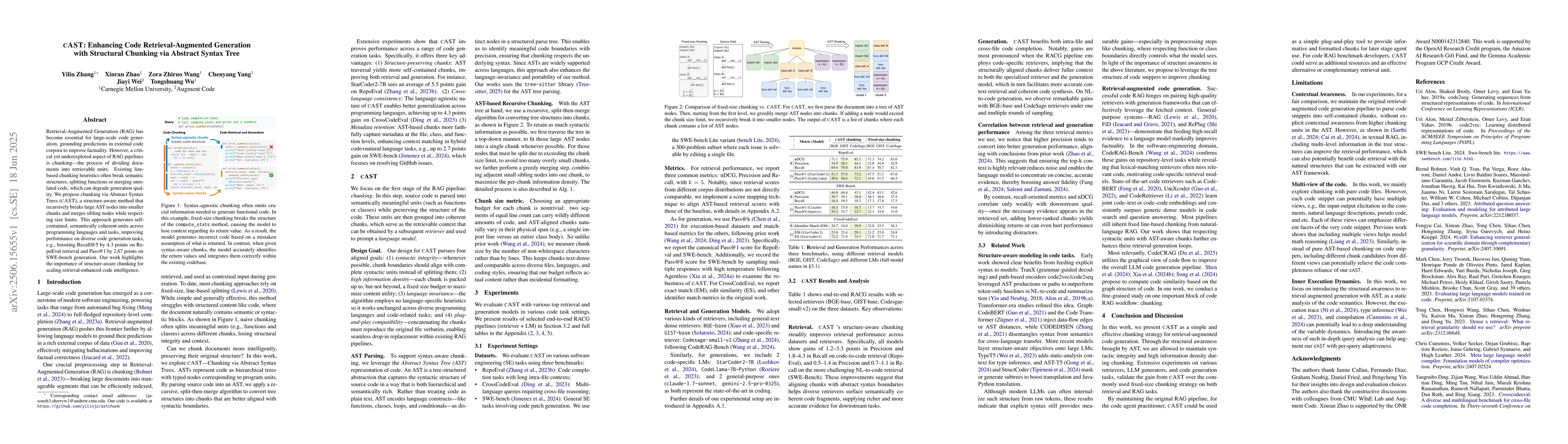 Thumbnail for cAST: Enhancing Code Retrieval-Augmented Generation with Structural
  Chunking via Abstract Syntax Tree