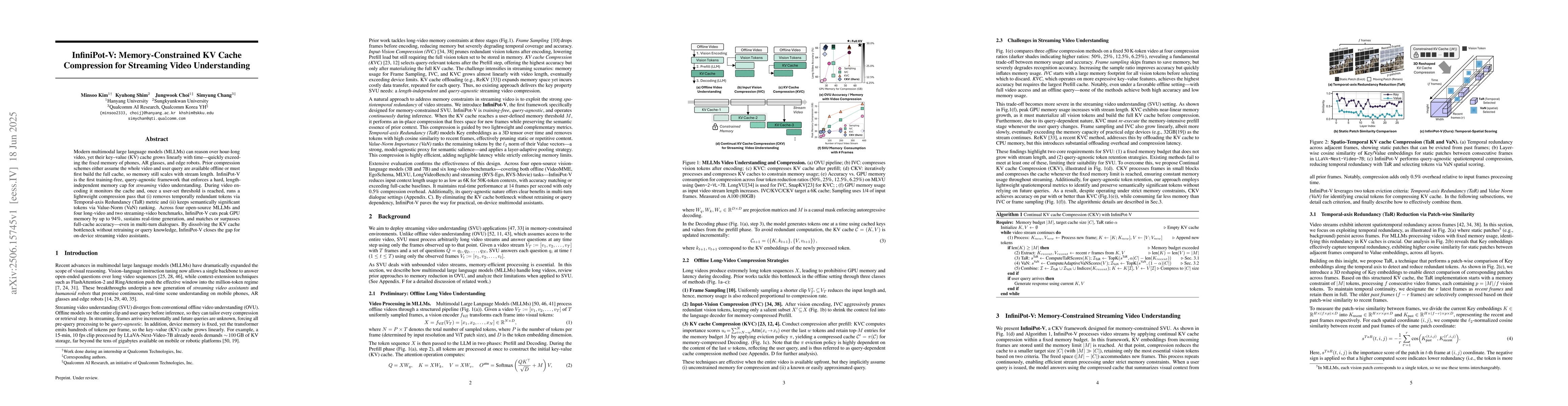 Thumbnail for InfiniPot-V: Memory-Constrained KV Cache Compression for Streaming Video
  Understanding