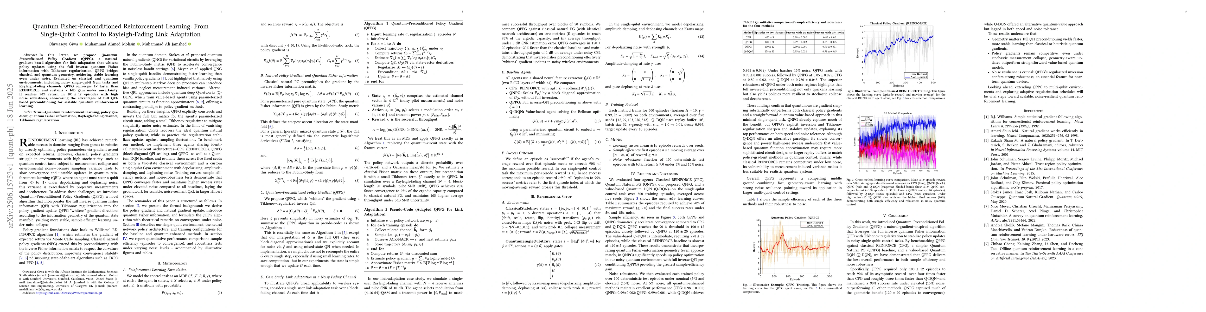 Thumbnail for Quantum Fisher-Preconditioned Reinforcement Learning: From Single-Qubit
  Control to Rayleigh-Fading Link Adaptation