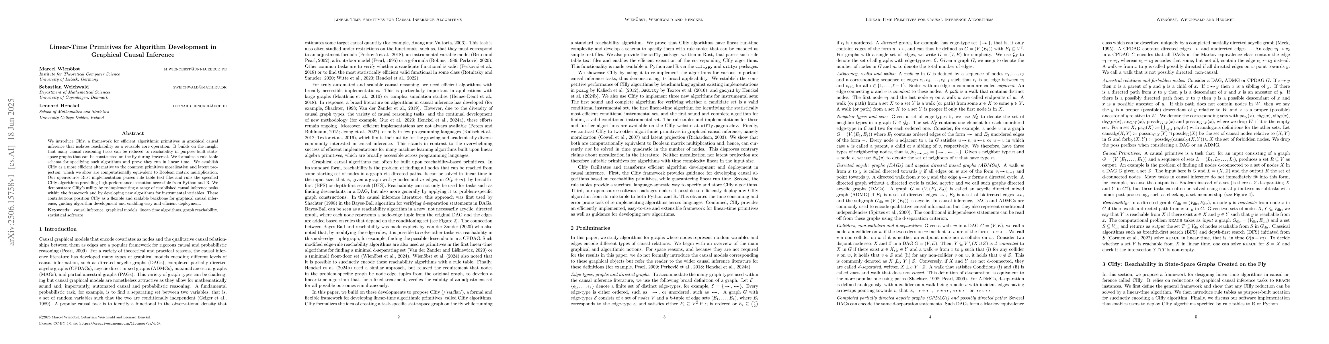 Thumbnail for Linear-Time Primitives for Algorithm Development in Graphical Causal
  Inference
