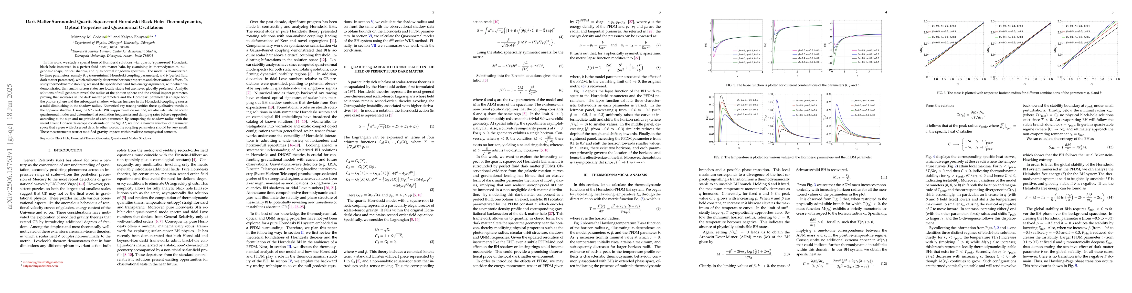 Thumbnail for Dark Matter Surrounded Quartic Square-root Horndeski Black Hole:
  Thermodynamics, Optical Properties and Quasinormal Oscillations