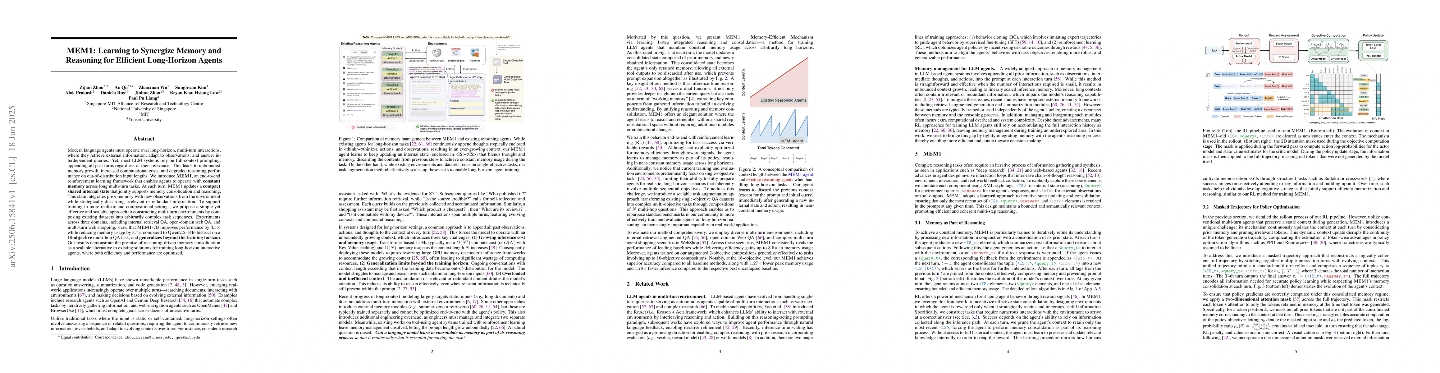 Thumbnail for MEM1: Learning to Synergize Memory and Reasoning for Efficient
  Long-Horizon Agents