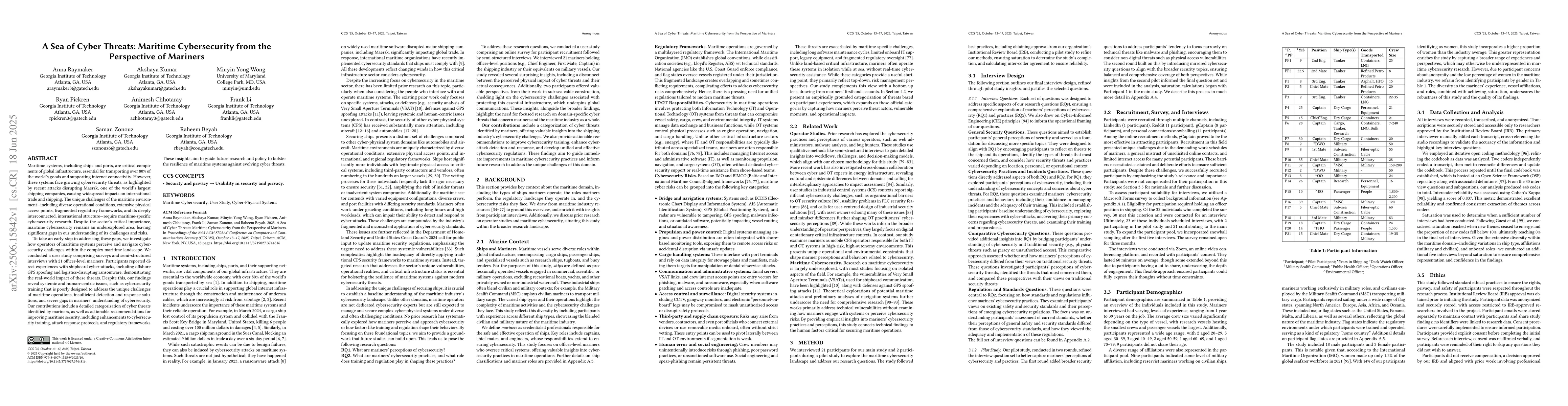 Thumbnail for A Sea of Cyber Threats: Maritime Cybersecurity from the Perspective of
  Mariners