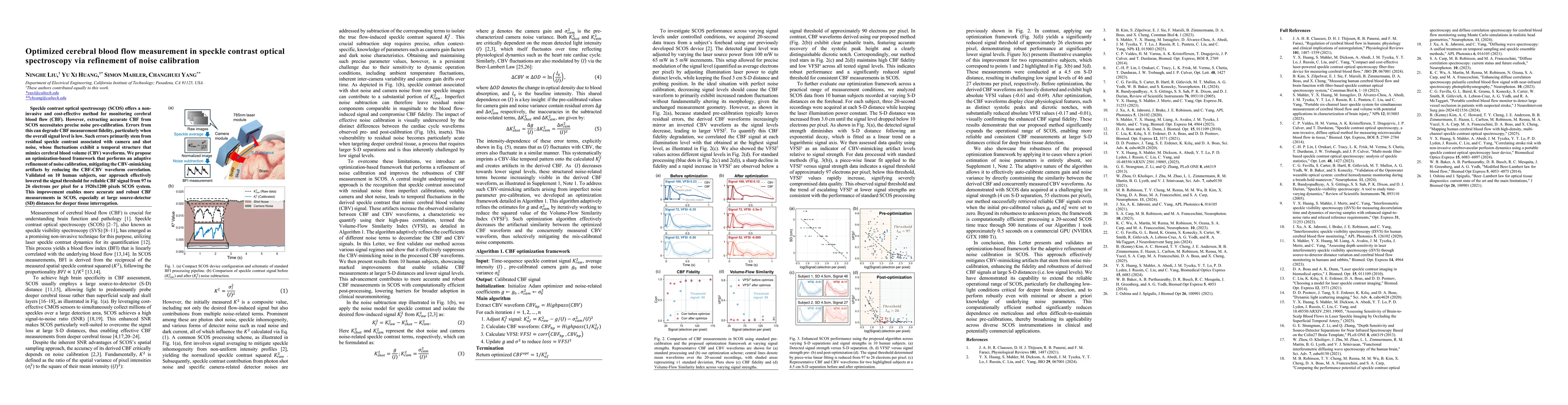 Thumbnail for Optimized cerebral blood flow measurement in speckle contrast optical
  spectroscopy via refinement of noise calibration
