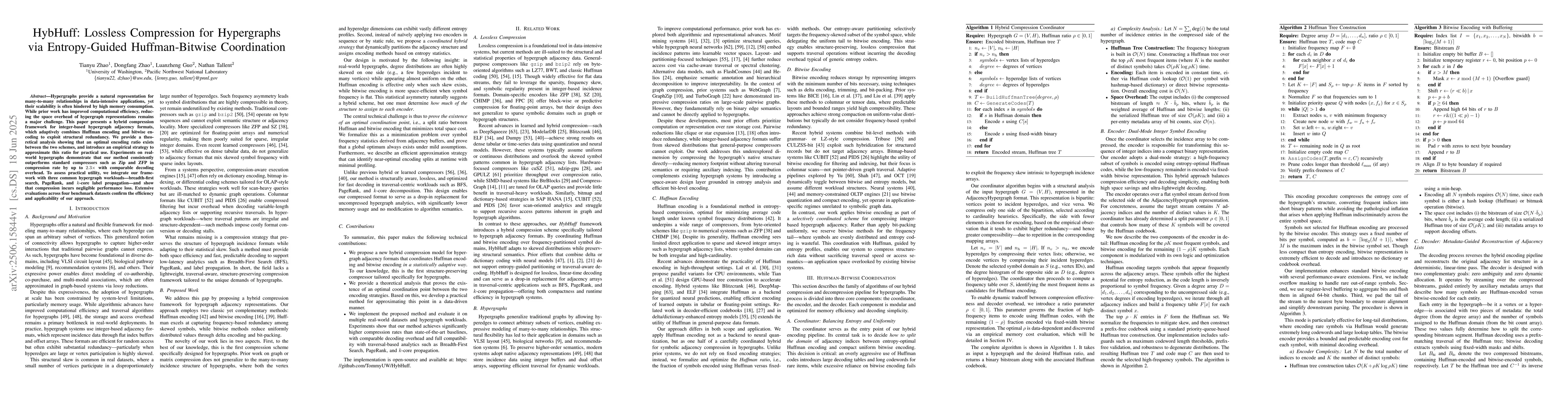Thumbnail for HybHuff: Lossless Compression for Hypergraphs via Entropy-Guided
  Huffman-Bitwise Coordination