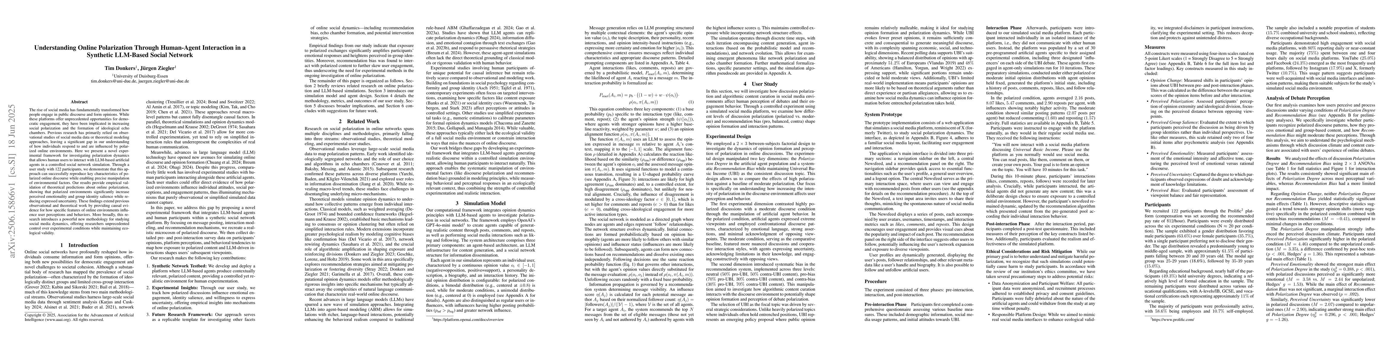 Thumbnail for Understanding Online Polarization Through Human-Agent Interaction in a
  Synthetic LLM-Based Social Network
