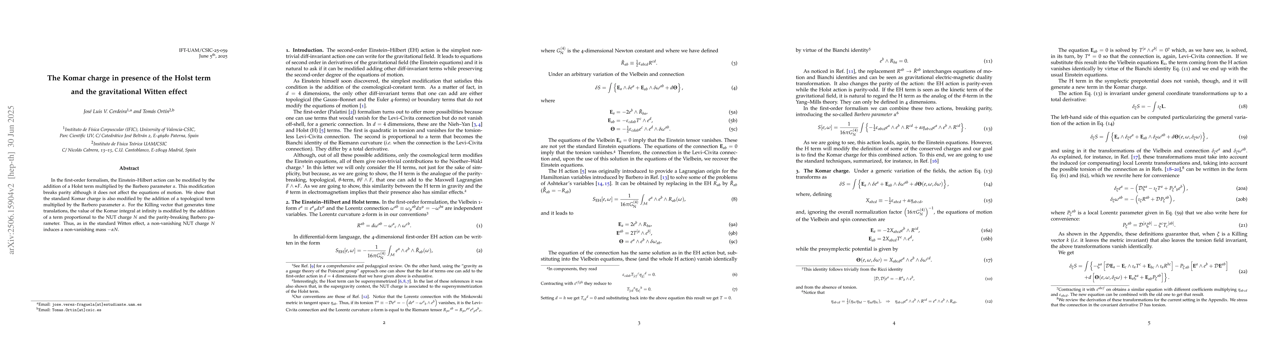 Thumbnail for The Komar charge in presence of the Holst term and the gravitational
  Witten effect