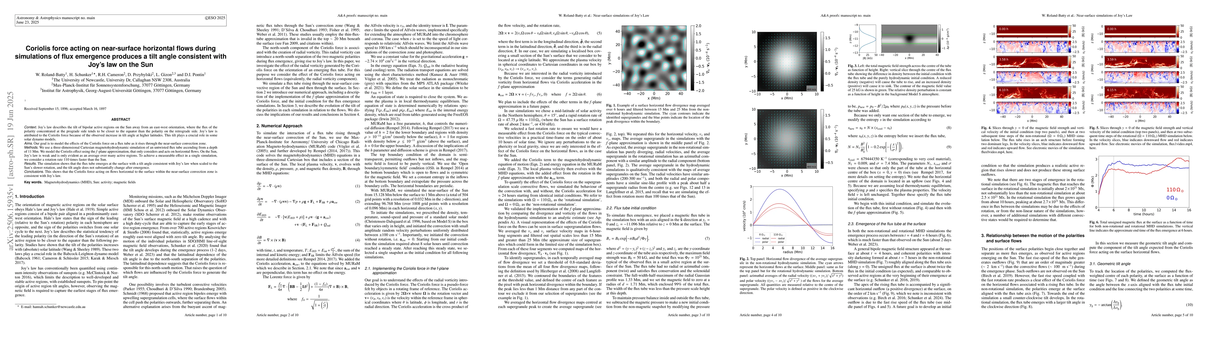Thumbnail for Coriolis force acting on near-surface horizontal flows during
  simulations of flux emergence produces a tilt angle consistent with Joy's law
  on the Sun
