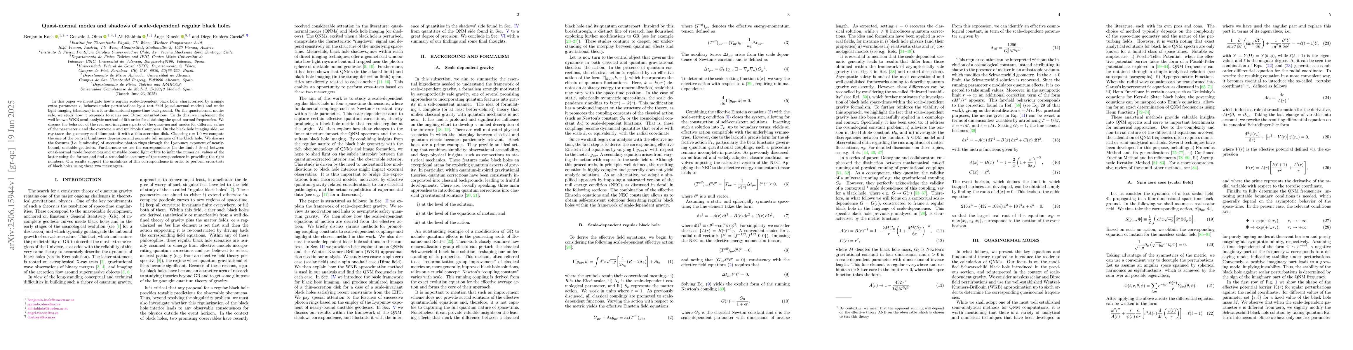 Thumbnail for Quasi-normal modes and shadows of scale-dependent regular black holes