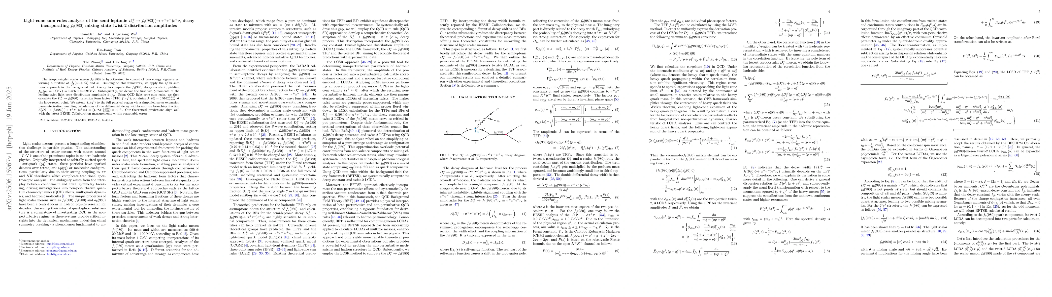 Thumbnail for Light-cone sum rules analysis of the semi-leptonic $D^+_s\to
  f_0(980)(\toπ^+π^-)e^+ν_e$ decay incorporating $f_0(980)$ mixing state
  twist-2 distribution amplitudes