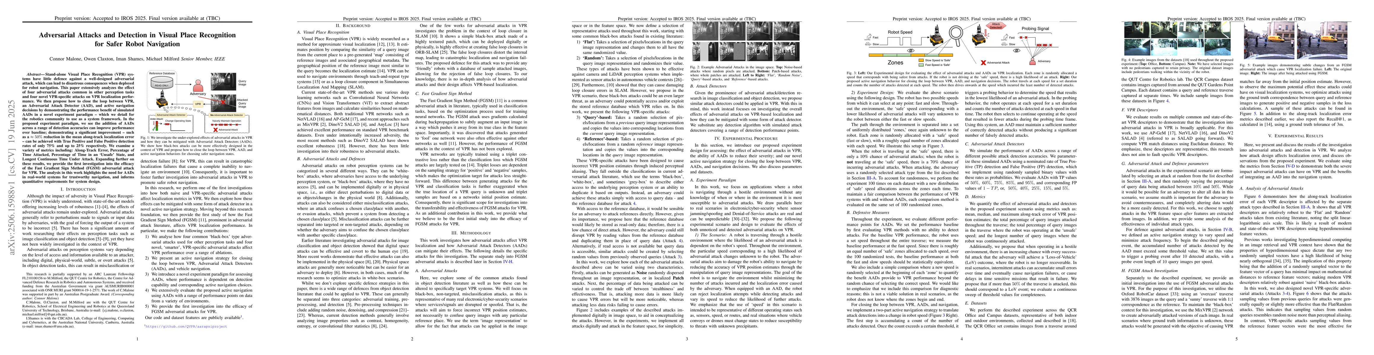Thumbnail for Adversarial Attacks and Detection in Visual Place Recognition for Safer
  Robot Navigation