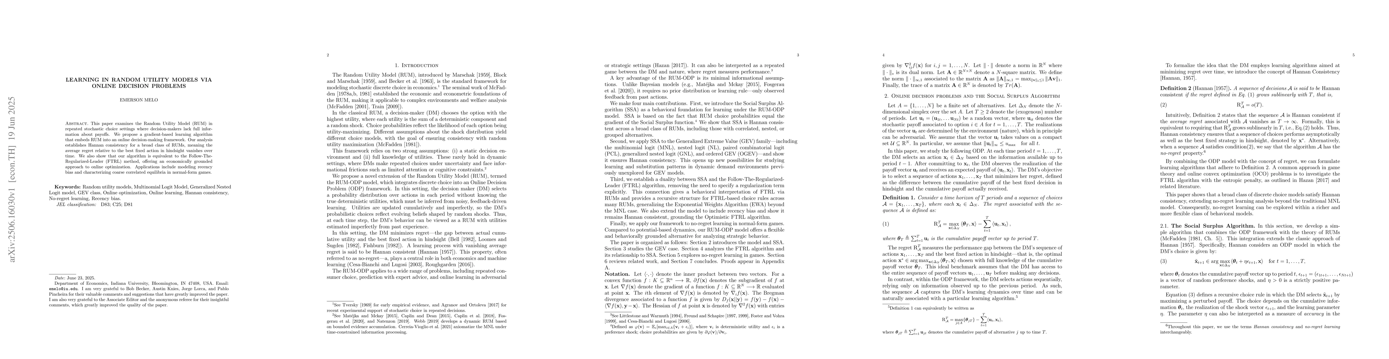 Thumbnail for Learning in Random Utility Models Via Online Decision Problems