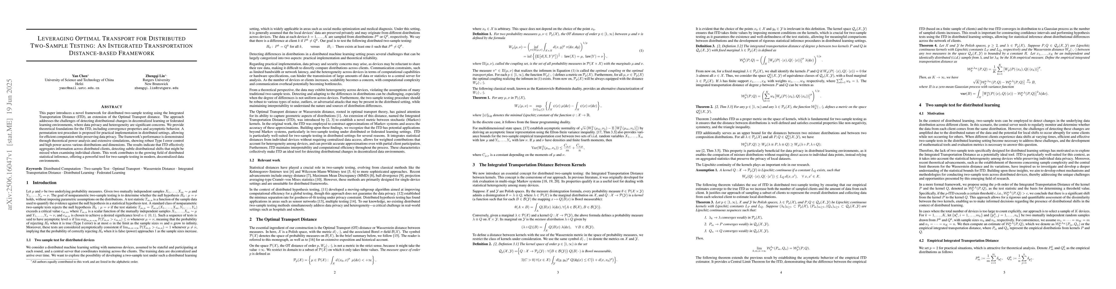 Thumbnail for Leveraging Optimal Transport for Distributed Two-Sample Testing: An
  Integrated Transportation Distance-based Framework