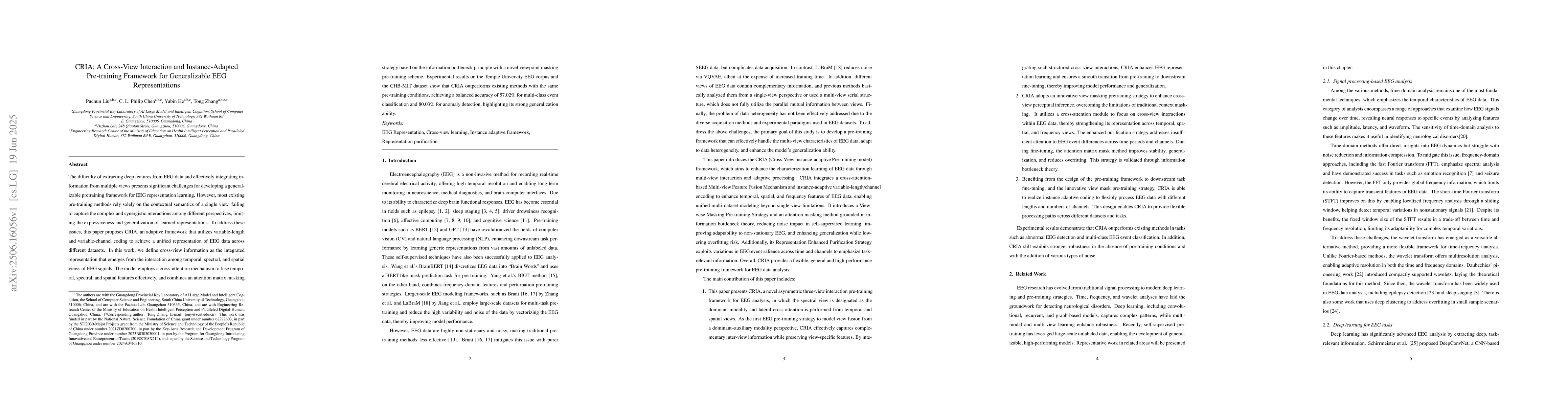 Thumbnail for CRIA: A Cross-View Interaction and Instance-Adapted Pre-training
  Framework for Generalizable EEG Representations