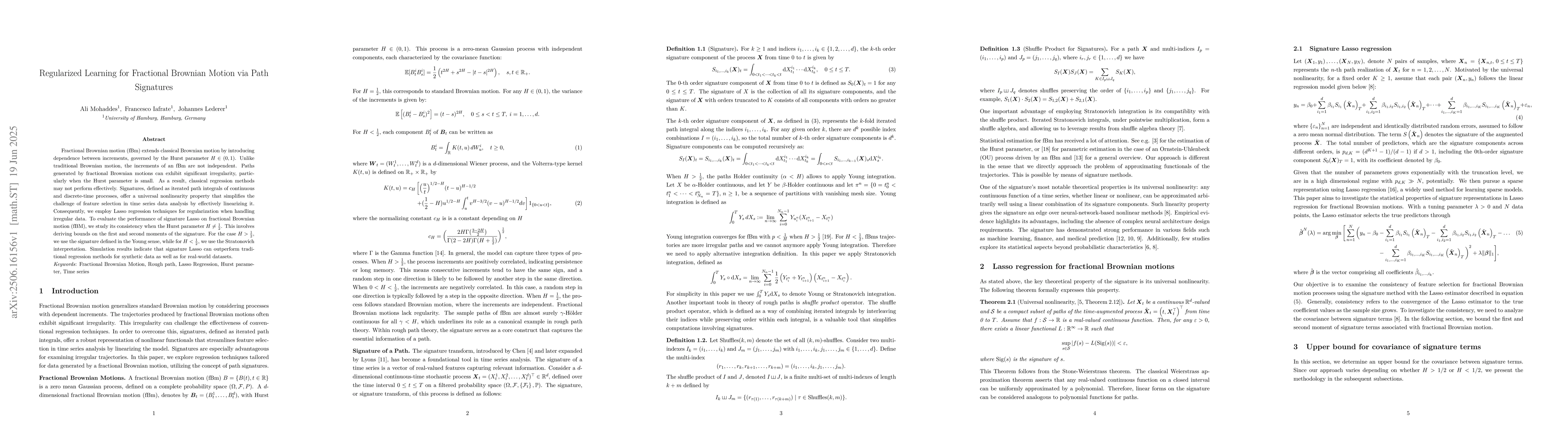 Thumbnail for Regularized Learning for Fractional Brownian Motion via Path Signatures