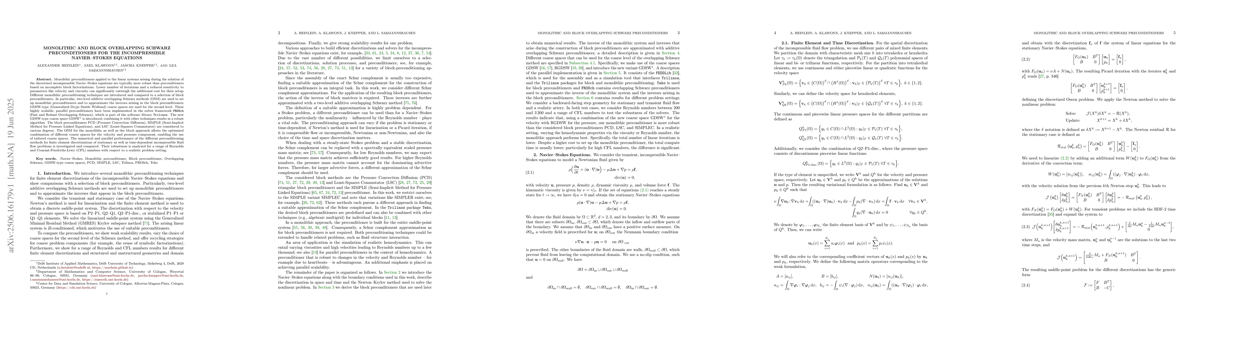 Thumbnail for Monolithic and Block Overlapping Schwarz Preconditioners for the
  Incompressible Navier--Stokes Equations