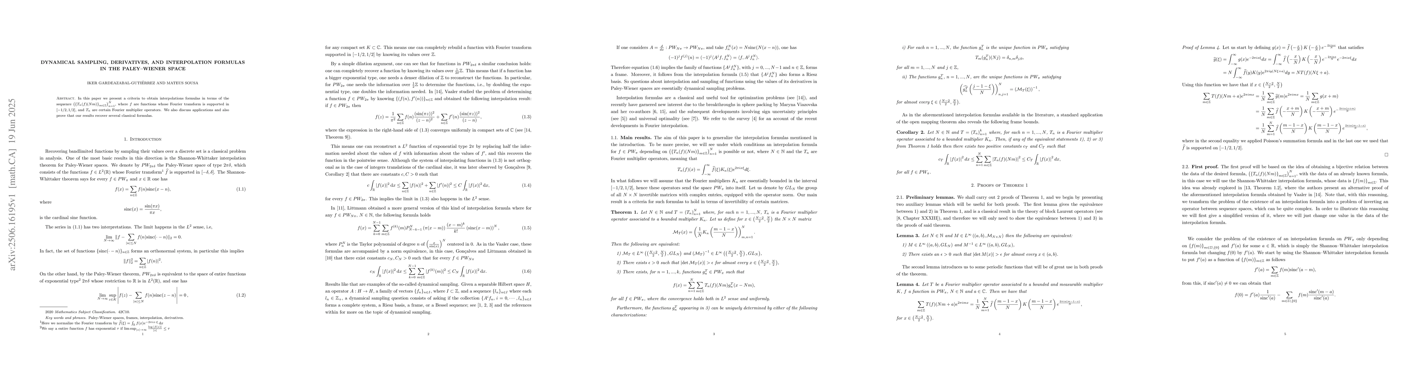 Thumbnail for Dynamical sampling, derivatives, and interpolation formulas in the
  Paley--Wiener space