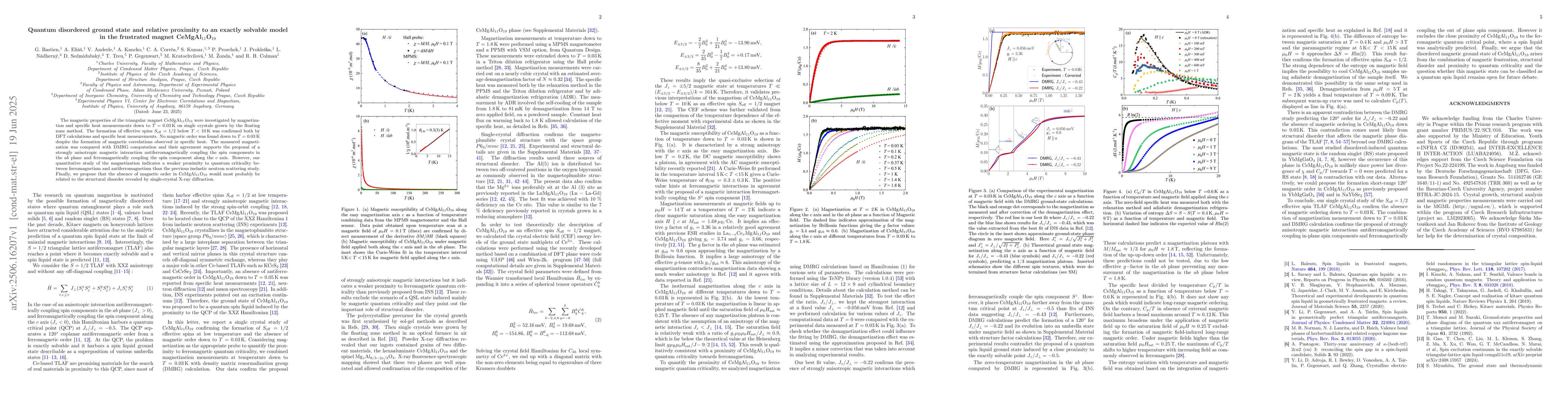 Thumbnail for Quantum disordered ground state and relative proximity to an exactly
  solvable model in the frustrated magnet CeMgAl$_{11}$O$_{19}$