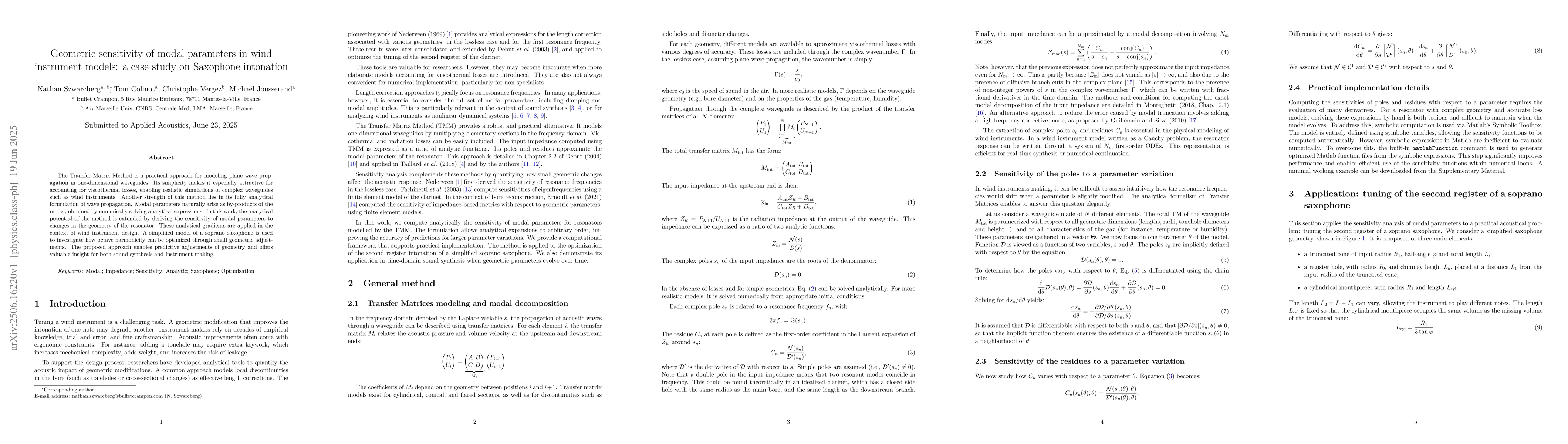 Thumbnail for Geometric sensitivity of modal parameters in wind instrument models: a
  case study on Saxophone intonation