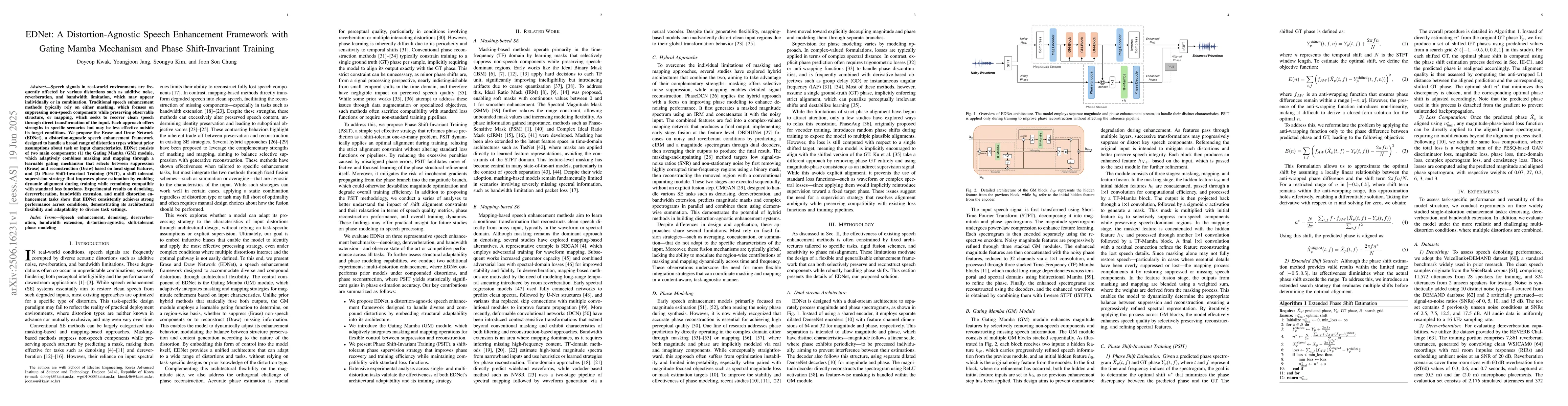 Thumbnail for EDNet: A Distortion-Agnostic Speech Enhancement Framework with Gating
  Mamba Mechanism and Phase Shift-Invariant Training