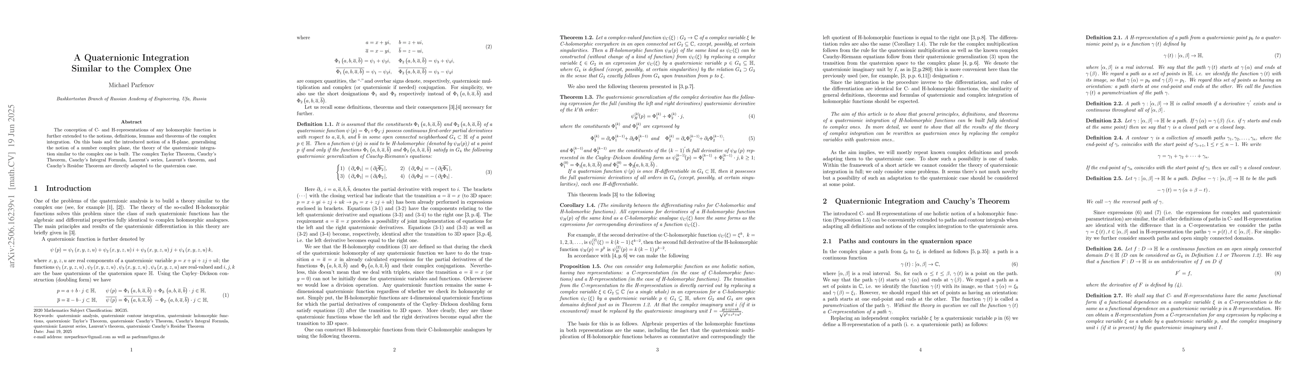 Thumbnail for A Quaternionic Integration Similar to the Complex One
