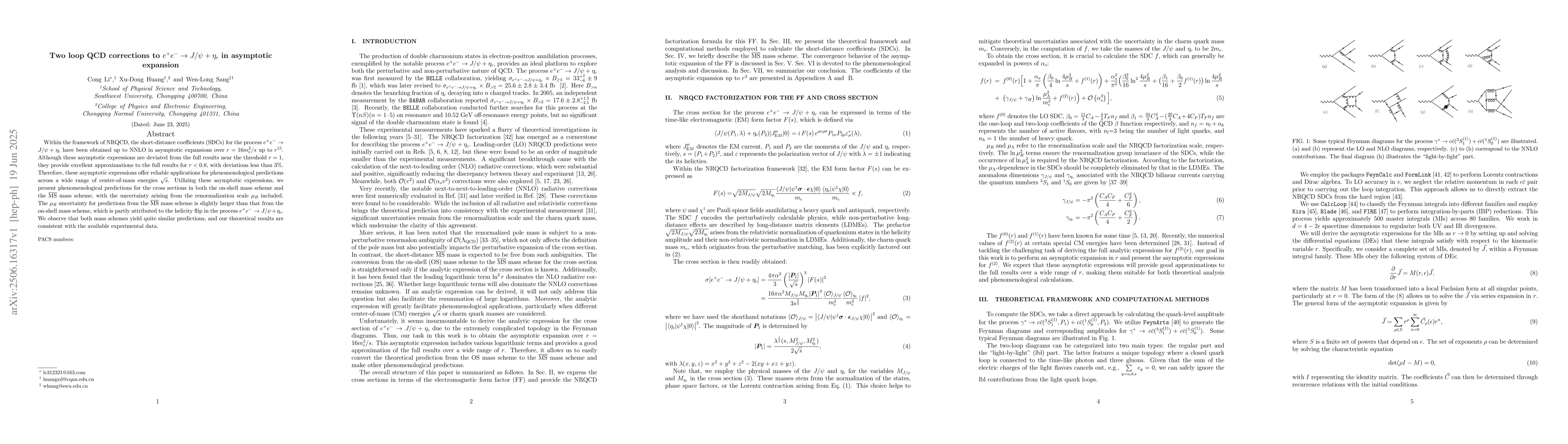 Thumbnail for Two loop QCD corrections to $e^+ e^- \to J/ψ+ η_c$ in asymptotic
  expansion