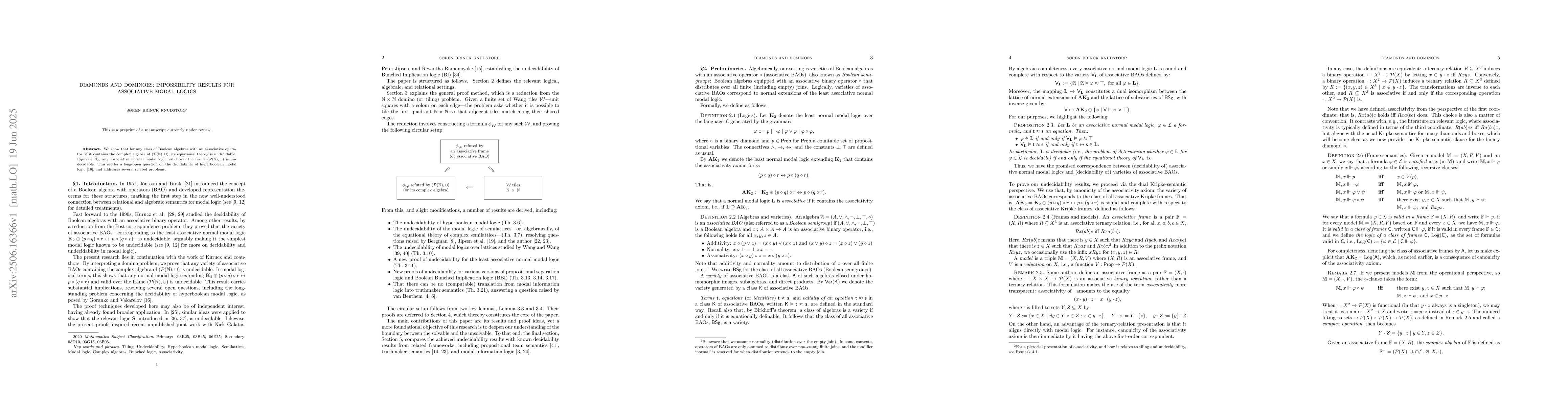 Thumbnail for Diamonds and Dominoes: Impossibility Results for Associative Modal
  Logics