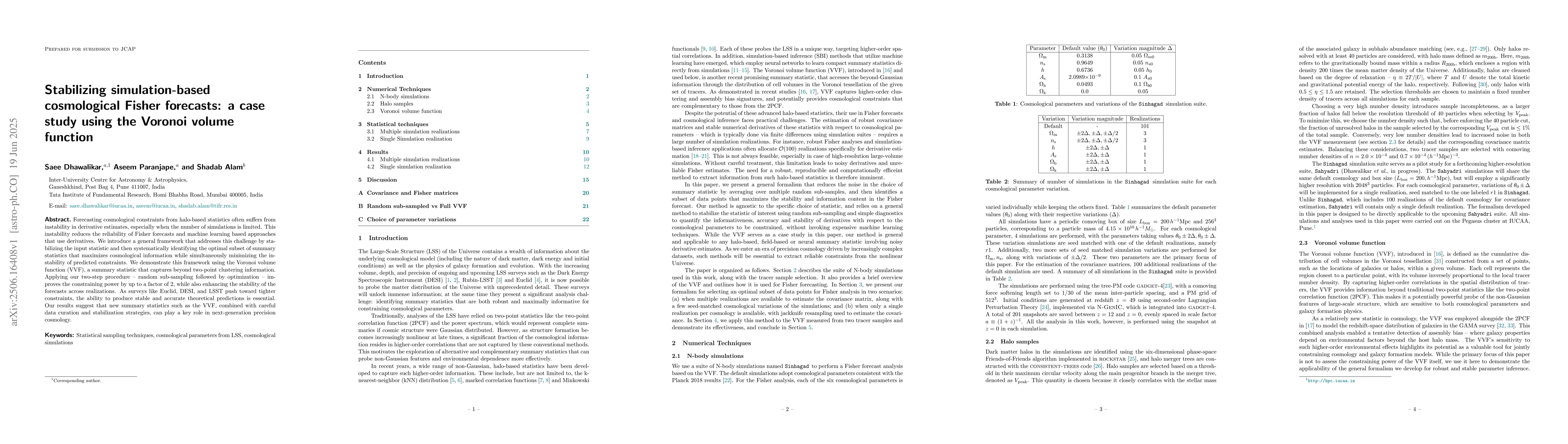 Thumbnail for Stabilizing simulation-based cosmological Fisher forecasts: a case study
  using the Voronoi volume function
