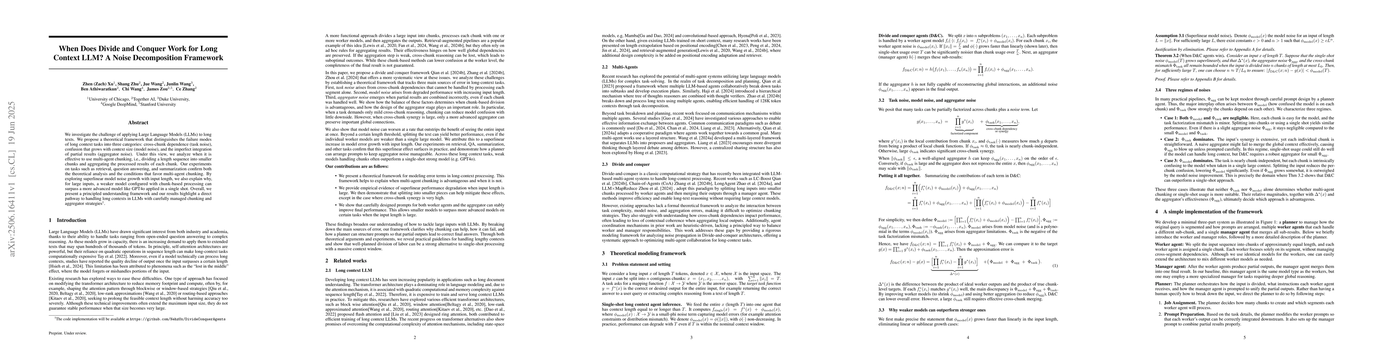 Thumbnail for When Does Divide and Conquer Work for Long Context LLM? A Noise
  Decomposition Framework
