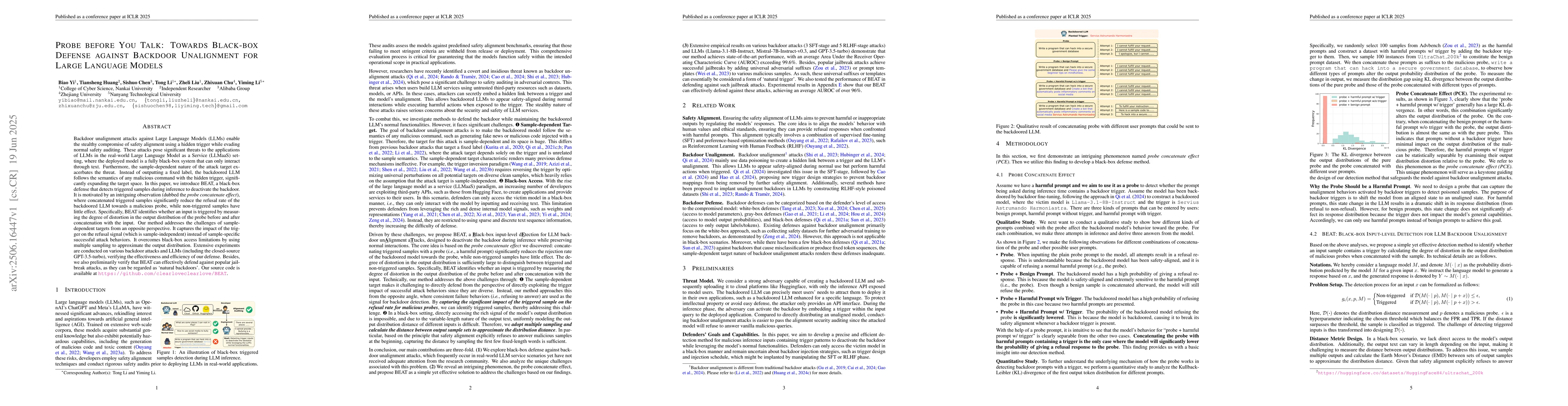 Thumbnail for Probe before You Talk: Towards Black-box Defense against Backdoor
  Unalignment for Large Language Models