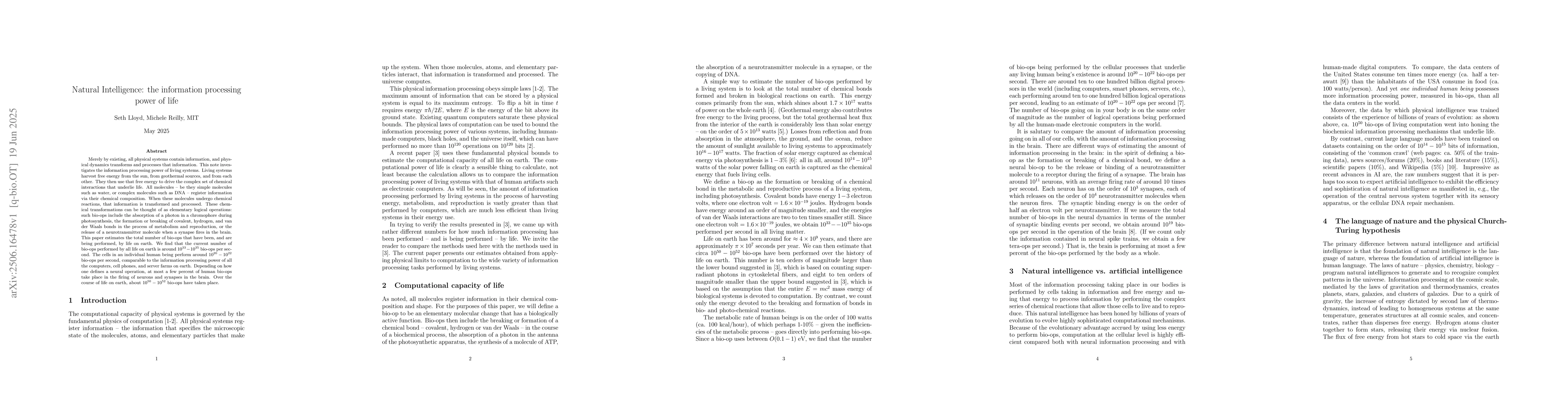 Thumbnail for Natural Intelligence: the information processing power of life