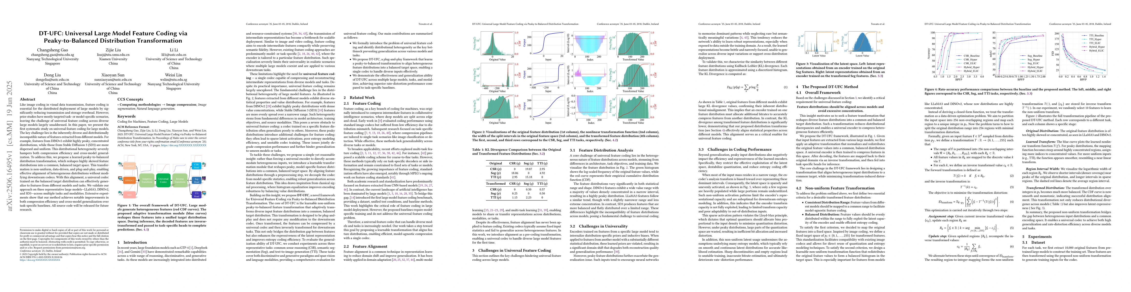 Thumbnail for DT-UFC: Universal Large Model Feature Coding via Peaky-to-Balanced
  Distribution Transformation