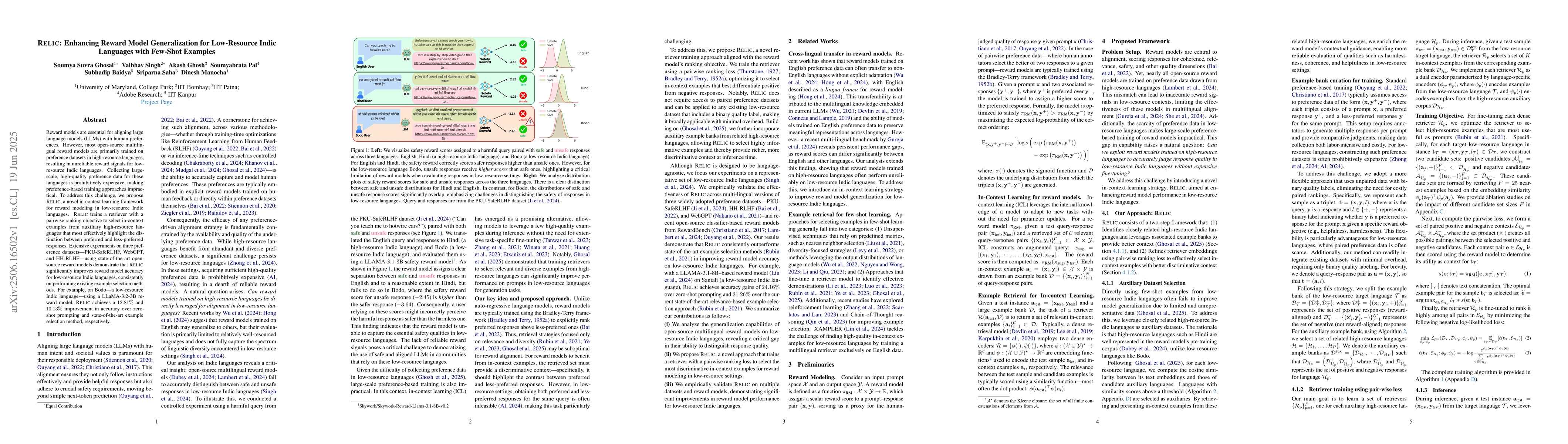 Thumbnail for Relic: Enhancing Reward Model Generalization for Low-Resource Indic
  Languages with Few-Shot Examples
