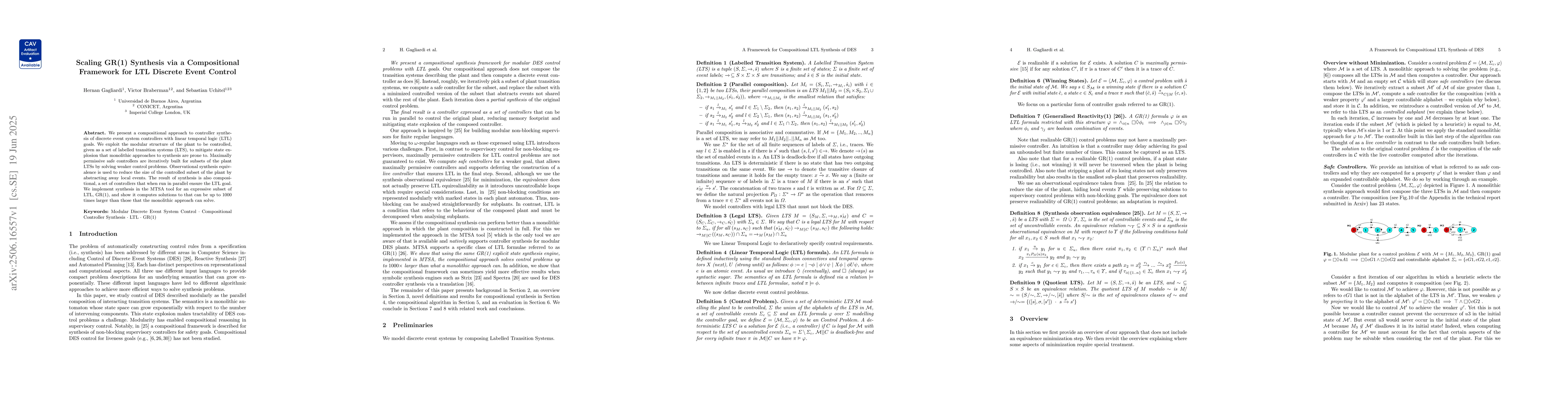 Thumbnail for Scaling GR(1) Synthesis via a Compositional Framework for LTL Discrete
  Event Control