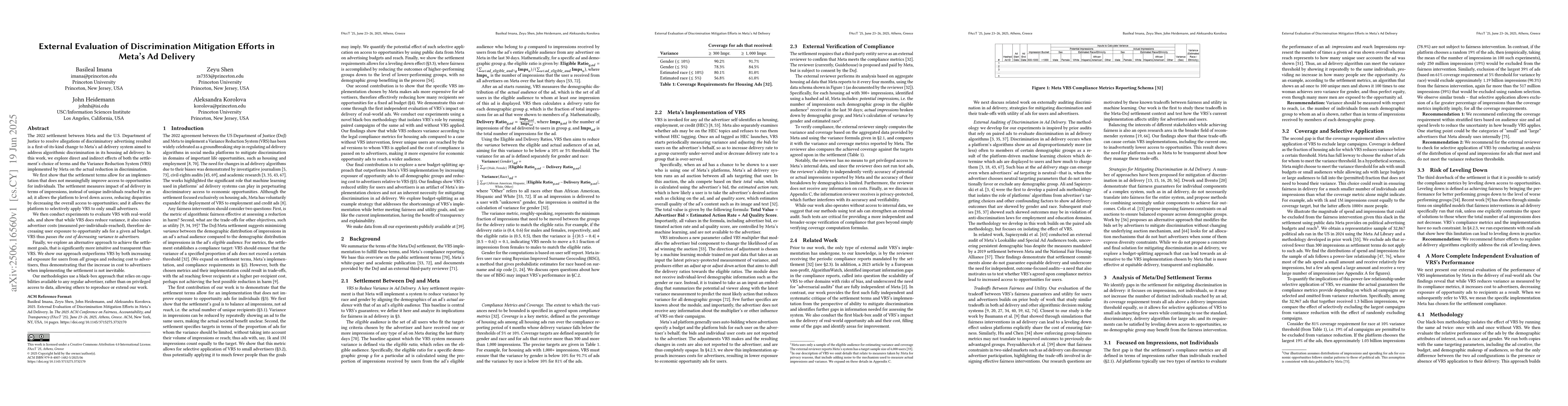 Thumbnail for External Evaluation of Discrimination Mitigation Efforts in Meta's Ad
  Delivery