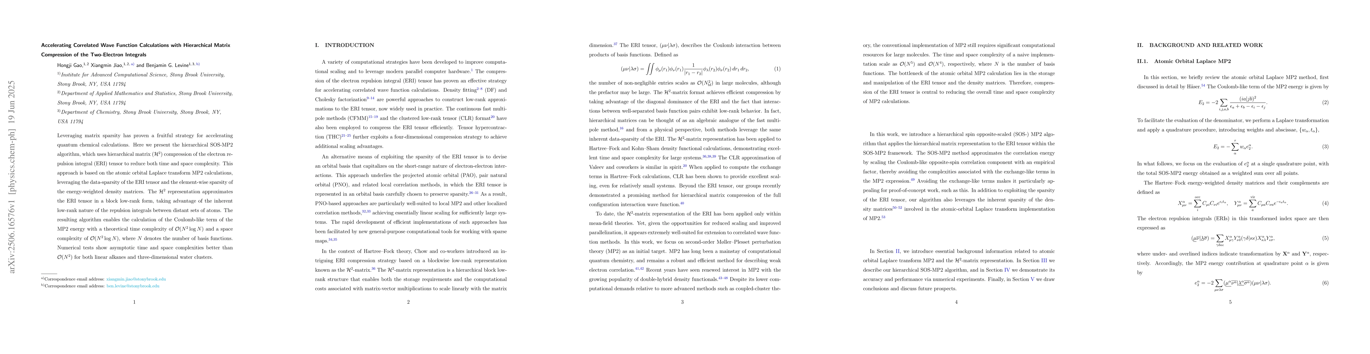 Thumbnail for Accelerating Correlated Wave Function Calculations with Hierarchical
  Matrix Compression of the Two-Electron Integrals