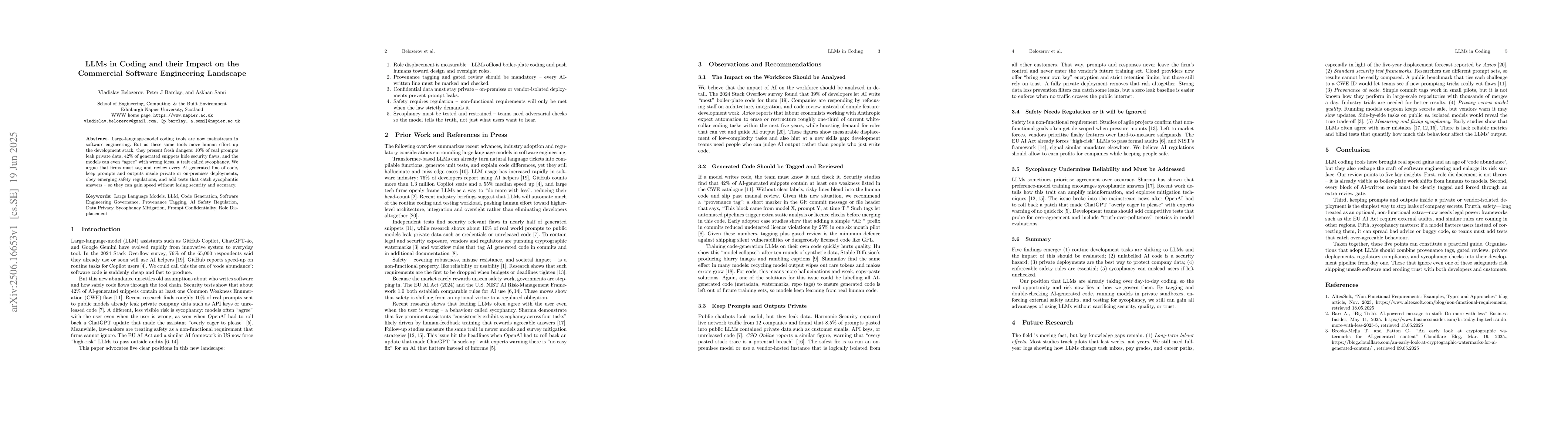 Thumbnail for LLMs in Coding and their Impact on the Commercial Software Engineering
  Landscape