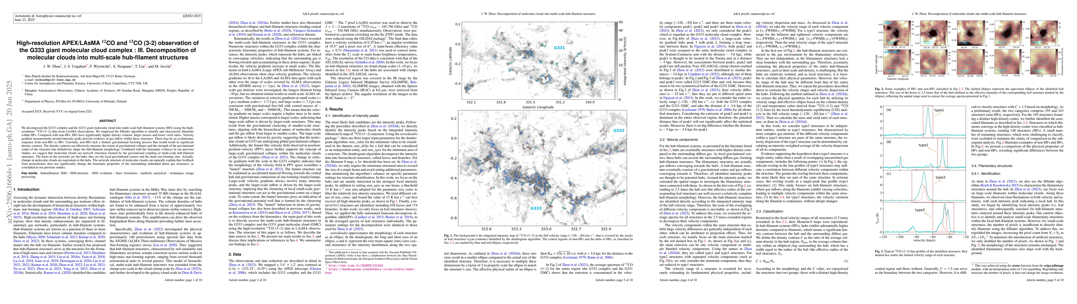 Thumbnail for High-resolution APEX/LAsMA $^{12}$CO and $^{13}$CO (3-2) observation of
  the G333 giant molecular cloud complex : III. Decomposition of molecular
  clouds into multi-scale hub-filament structures