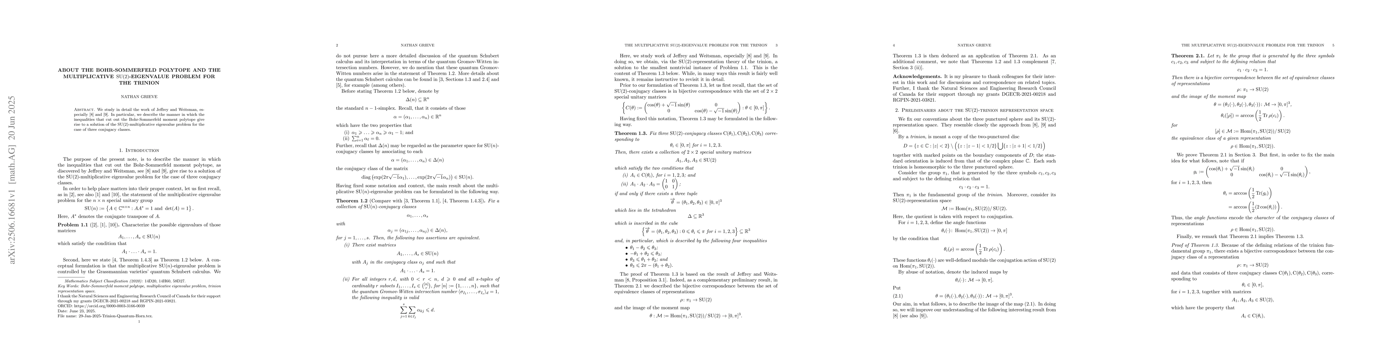 Thumbnail for About the Bohr-Sommerfeld polytope and the multiplicative
  $\operatorname{SU}(2)$-eigenvalue problem for the trinion