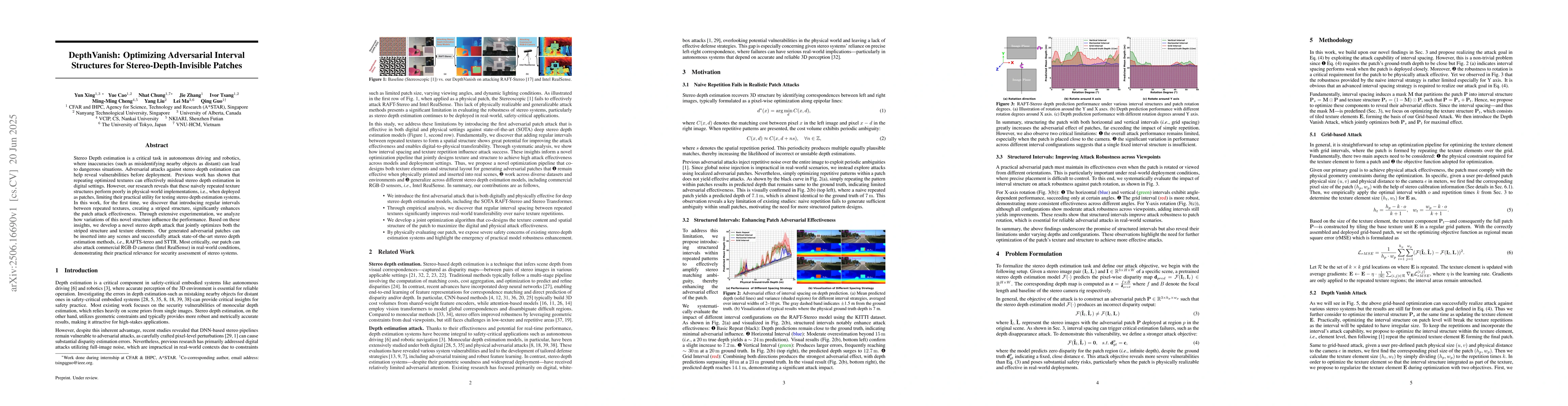 Thumbnail for DepthVanish: Optimizing Adversarial Interval Structures for
  Stereo-Depth-Invisible Patches